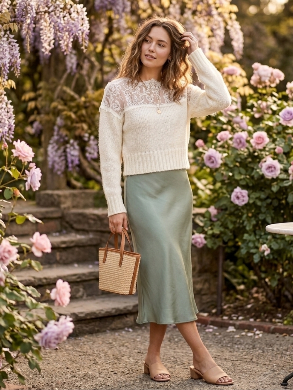 Raissa Ivory White Lace Yoke Knit Cropped Sweater Cottagecore Coquette Size M - Picture 2 of 9